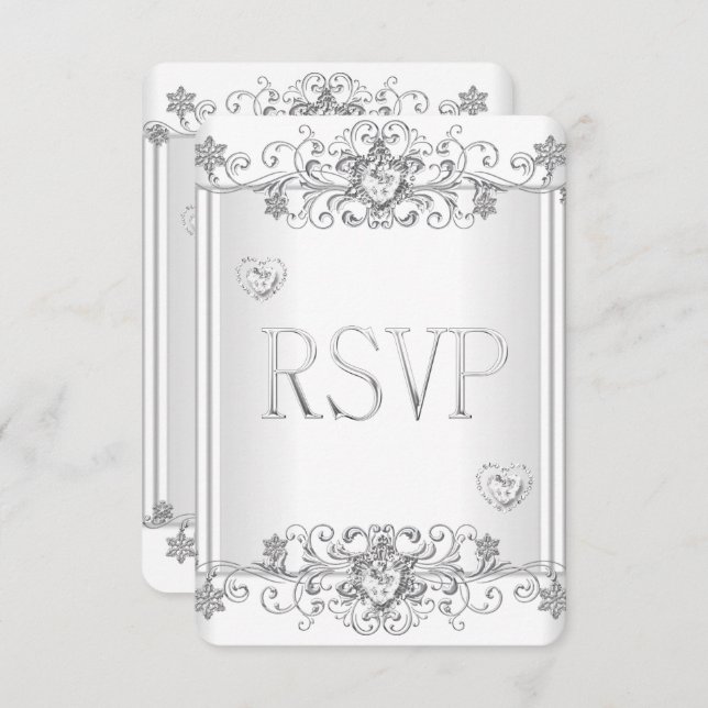 Convite RSVP Prata Coração de Diamante Branco 2 (Frente/Verso)