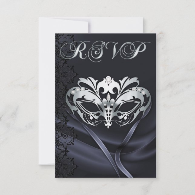 Convite RSVP Prata Mascarada Joias Pretas (Frente)