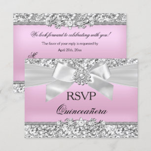 Convite RSVP Prata Rosa Brilho Jóia Laço Quinceanera