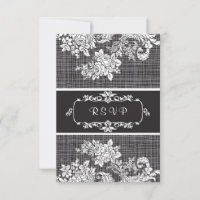 Convite RSVP preto e branco para Vintage Damask