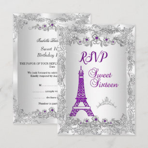 Convite RSVP Princesa Sweet 16 roxo Prata Foto Festa