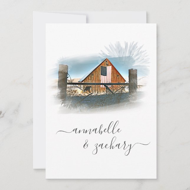 Convite *~* RSVP QR American Flag Old Barn AR19 Casamento (Frente)