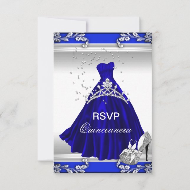 Convite RSVP Quinceanera 15 Birthday Royal Blue Dress (Frente)