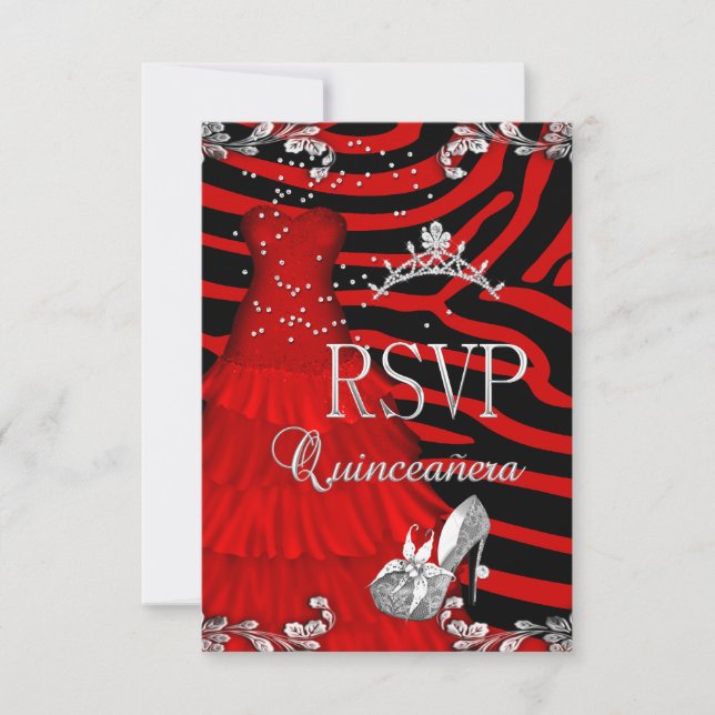 Convite RSVP Quinceanera 15 Zebra Red Dress Calçado (Frente)