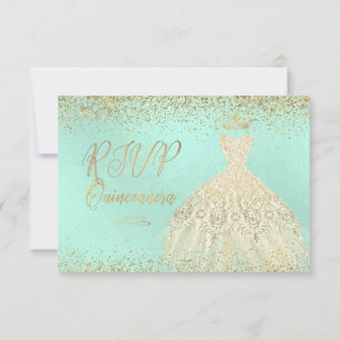 Convite RSVP Quinceañera, Glitters Gown, Faux Dourada+Mint