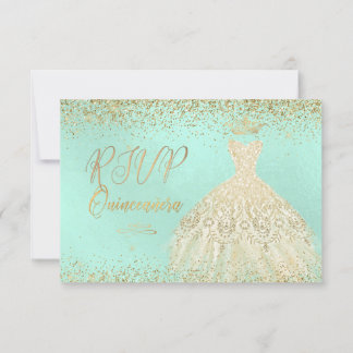 Convite RSVP Quinceañera, Glitters Gown, Faux Dourada+Mint