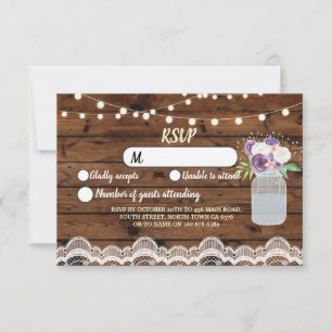 Convite RSVP Renda de Madeira Casamento Luzes Rústicas Jar