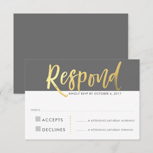 Convite RSVP RESPOSTA resposta dourado falso tipo cinza (Frente/Verso)