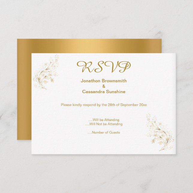 CONVITE RSVP REVERSO DOURADO DA FOLHA DOURADA ELEGANTE SIM (Frente/Verso)