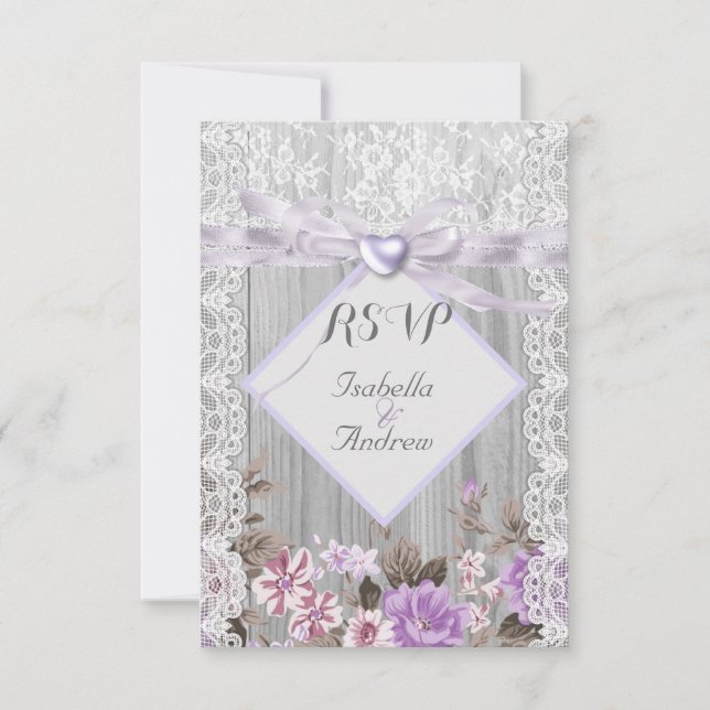 Convite RSVP Rústico Madeira Floral Casamento Lavanda Rend (Frente)