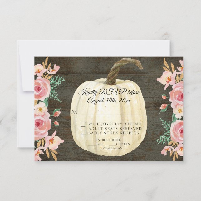 Convite RSVP Rústico Rosa Floral Branco Abóbora Madeira (Frente)