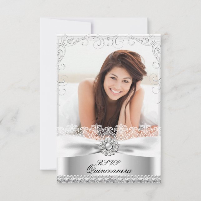 Convite RSVP Silver Bow & Lace Quinceanera Aniversário (Frente)