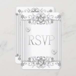 Convite RSVP Silver White Diamond Hearts 2