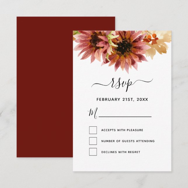 Convite RSVP Sunflower Burgundy Casamento (Frente/Verso)