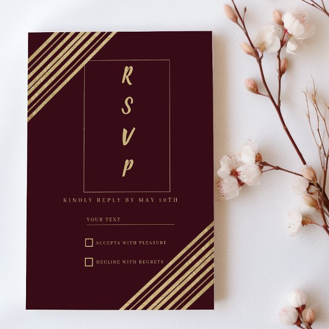 Convite RSVP tipográfico geométrico em burgundy e dourado (Geometrical burgundy gold typo RSVP )