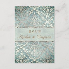 Convite RSVP Verde Salvia Brilho Damasco Casamento