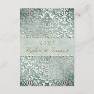 Convite RSVP Verde Salvia Brilho Damasco Casamento