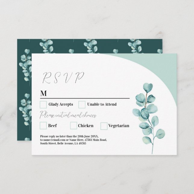 Convite RSVP Wedding Eucalyptus deixa verde simples (Frente/Verso)