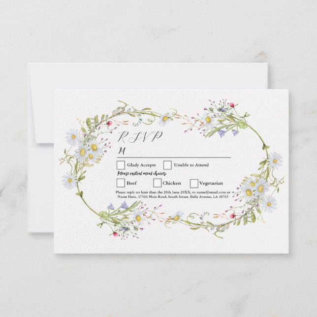 Convite RSVP Wedding Primavera Wildflower Daisy (Frente)