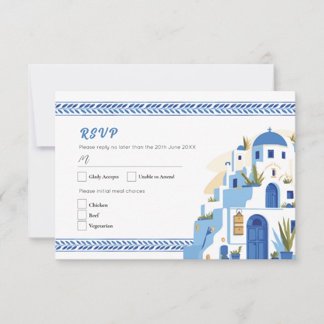 Convite RSVP Wedding Santorini Resposta Grega Grécia (Frente)