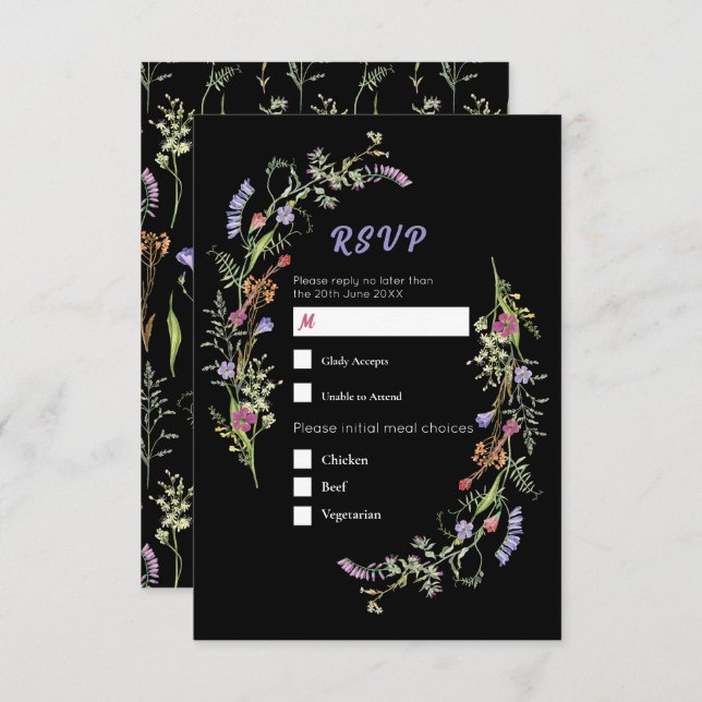 Convite RSVP Wedding Wildflower Floral Ditsy Dark (Frente/Verso)