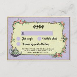 Convite RSVP Wedding Wonderland Teapot Purple Flowers