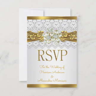 Convite RSVP White Pearl Dourado Lace Floral