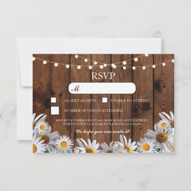Convite RSVP Wood Wedding Rustic Daisy Floral Cards (Frente)