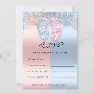 Convite RSVPGender Reveal Feet Glitter Azul BebêsTwins