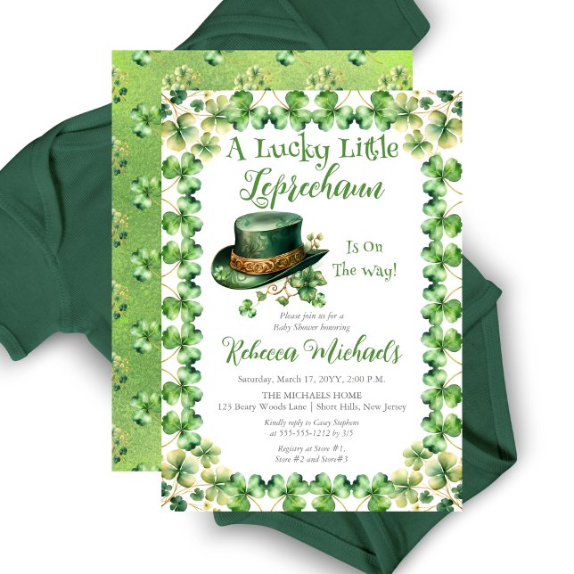 Convite Rua de Leprechaun, Chá de fraldas de Patrick ("A Lucky Little Leprechaun" St. Patrick's Day-Themed Baby Shower Invitation - Leprechaun's Hat)