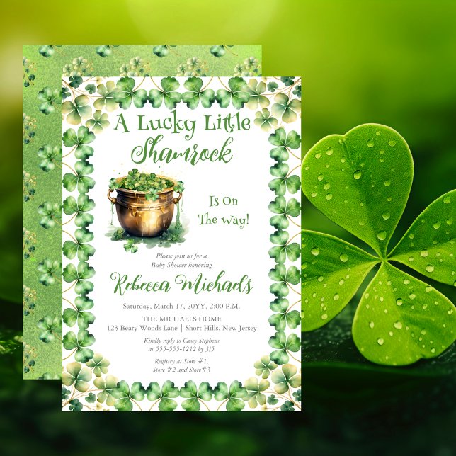 Convite Rua de Shamrock, Chá de fraldas do Patrick ("A Lucky Little Shamrock" St. Patrick's Day-Themed Baby Shower Invite - Gold Pot Filled with Clover)