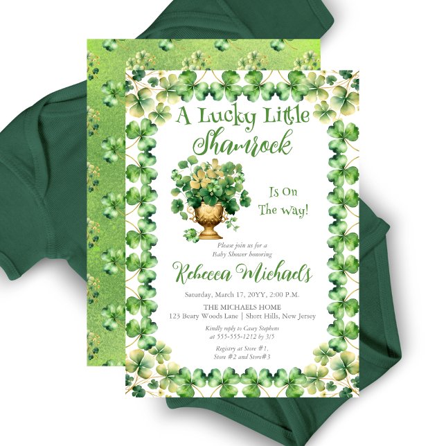 Convite Rua de Shamrock, Chá de fraldas do Patrick ("A Lucky Little Shamrock" St. Patrick's Day-Themed Baby Shower Invite -Gold Pot with Shamrocks )