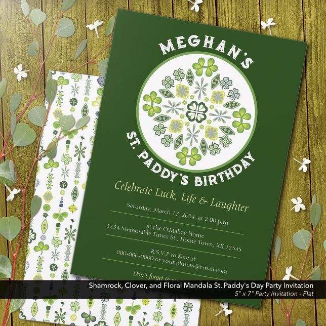 Convite Rua de Shamrock Clover Mandala. Festa de aniversár (Shamrock, Clover, and Floral Lucky Mandala: St. Paddy's Birthday Party Invitation)