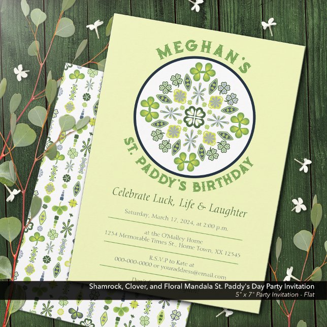 Convite Rua de Shamrock Clover Mandala. Festa de aniversár (Shamrock, Clover, and Floral Lucky Mandala: St. Paddy's Birthday Party Invitation)