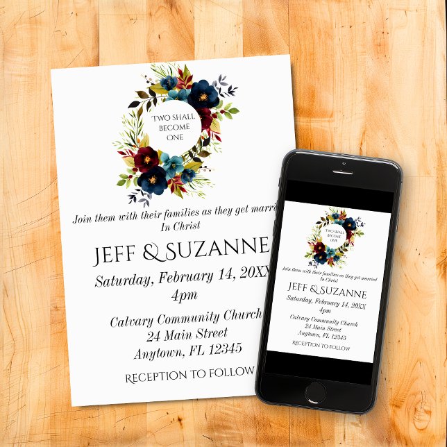 Convite Rua Floral Azul Borgonha Dois Torna-Se Um (Blue Burgundy Floral Wreath Two Become One Christian Wedding Invitation)