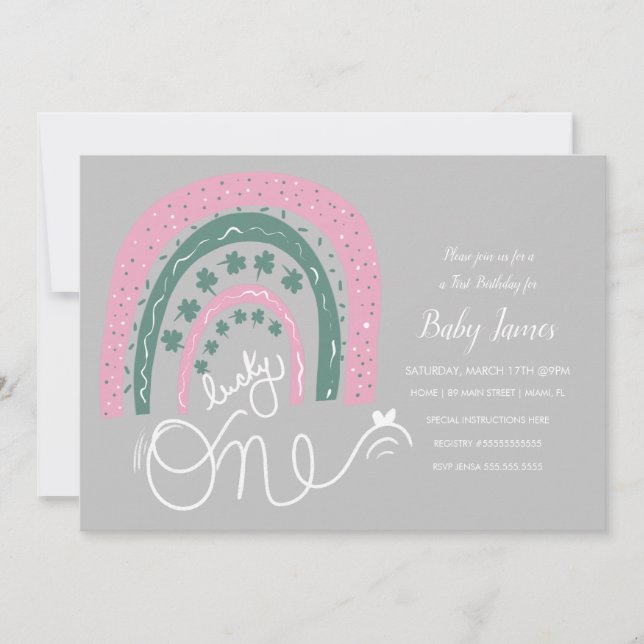 Convite Rua. Patricks Lucky Birthday Mão Desenhada Arco-Ír (Frente)