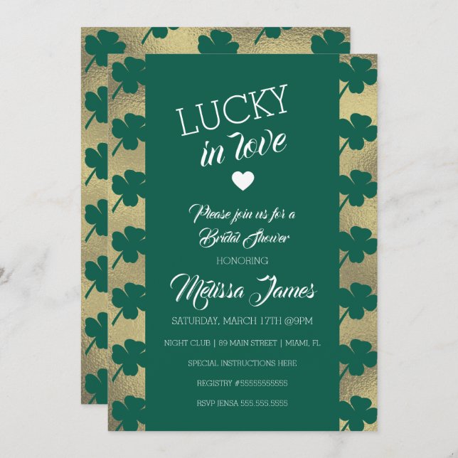 Convite Rua. Patricks Lucky Chá de panela Green Shamrock (Frente/Verso)