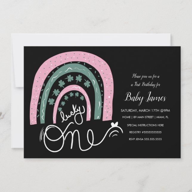 Convite Rua. Patricks Lucky primeiro aniversario Mão Desen (Frente)