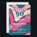 Convite Ruas das Ondas Retro Groovy 40th Bublegum Birthday<br><div class="desc">O Retro inspirou o aniversário de 40 anos Groovy com padrão de ondas retrorativas,  margaridas e fontes e cores boho.</div>
