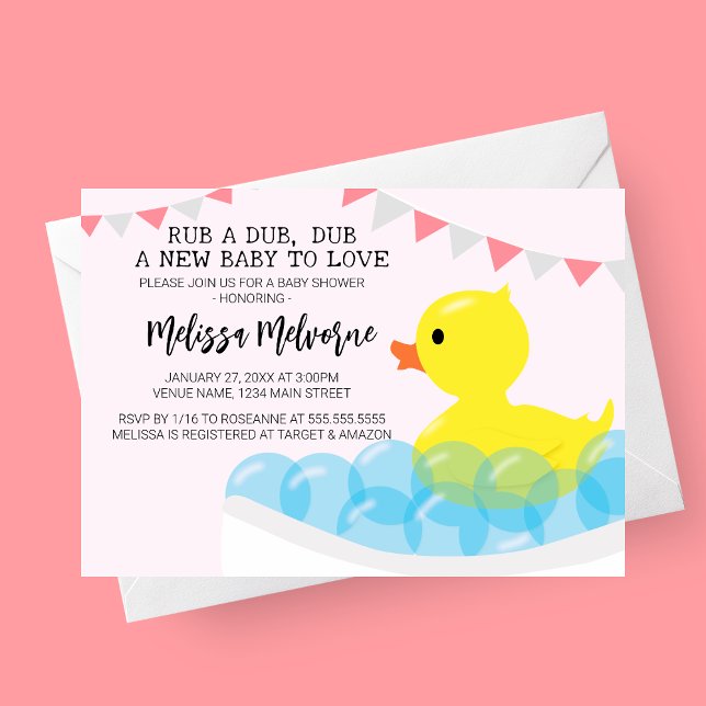 Convite Rub A Dub, Chá de fraldas De Borracha Ducky (Rub a Dub, Dub Rubber Ducky Baby Shower Invitation with bubbles in bathtub and pink and grey banner)