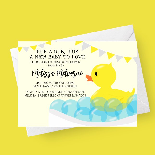 Convite Rub A Dub, Chá de fraldas De Borracha Ducky (Rub A Dub Dub Plastic Duck Baby Shower Invitation with grey and yellow banner. )