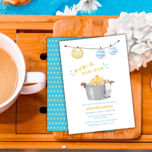 Convite Rub A Dub Dub Roupas de Bebê Pato de Borracha Chur (Rub A Dub Dub Clothesline Rubber Duck Baby Shower Invitation)