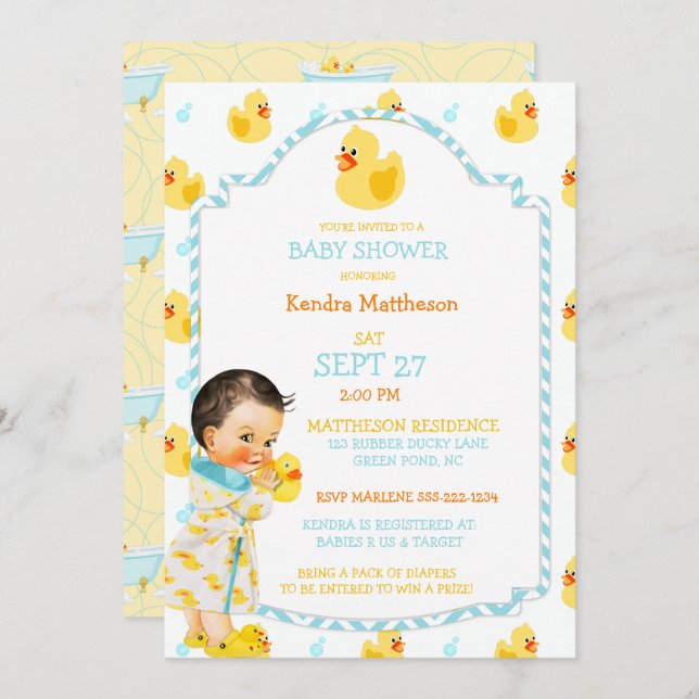 Convite Rubber Duck Ducky Gender Neutral Aqua Yellow (Frente/Verso)