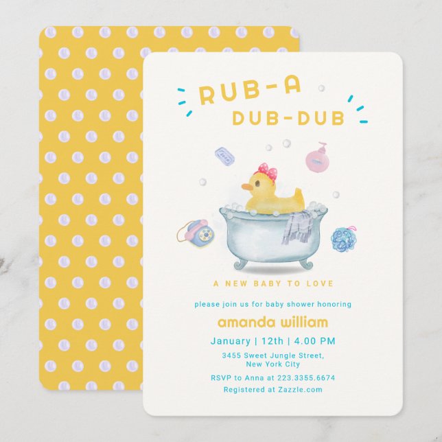 Convite Rubber Duck Rub A Dub Dub Bathtub Baby Shower  (Frente/Verso)