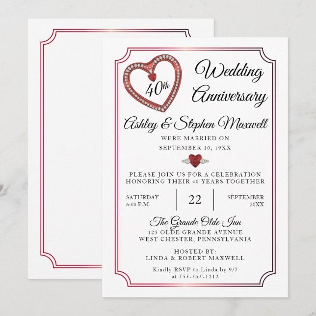 Convite Rubis | Diamantes 40º Festa de Aniversário de Casa (Frente/Verso)