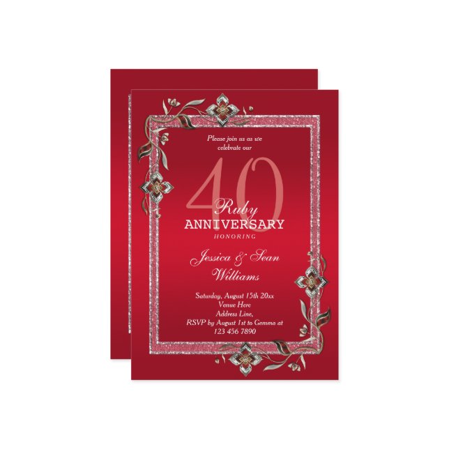 Convite Rubis Jóias Vermelhas & Brilho Rubi 40º Aniversári (Frente/Verso In Situ)