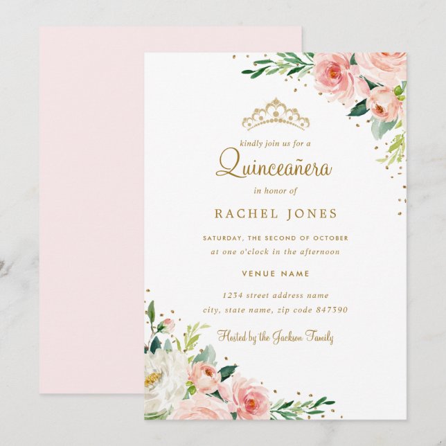 Convite Rubor Dourado Floral Quinceanera (Frente/Verso)
