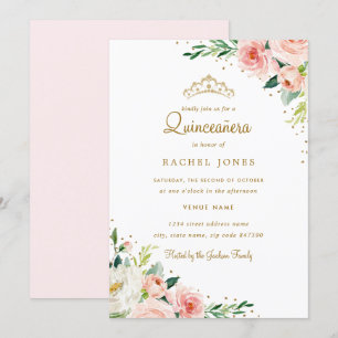 Convite Rubor Dourado Floral Quinceanera