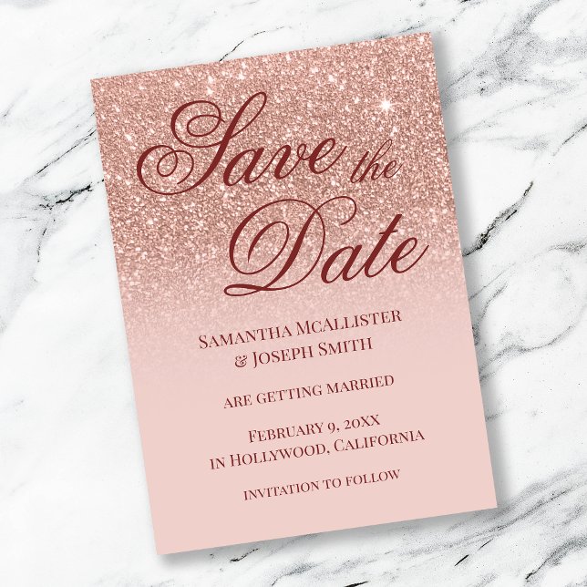 Convite Rubor Ombré Rosa Dourado Glitter Salve a Data (Criador carregado)