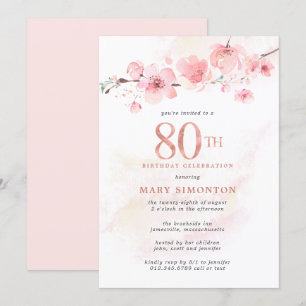 Convite Rubor Rosa Flor de Cerejeira Aniversário de 80 ano